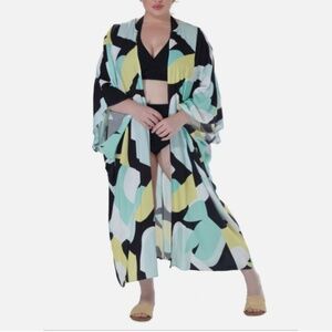 Raviya Plus Size Printed Open-Front Kimono Cover-up - Yellow Abstract ,OX NWT